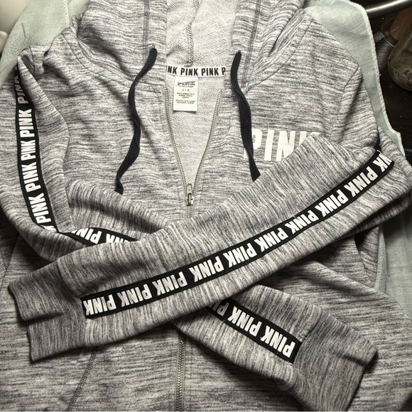 PINK hoodie large Victoria’s Secret women’s sweatshirt long sleeves grey zip up - Picture 12 of 12